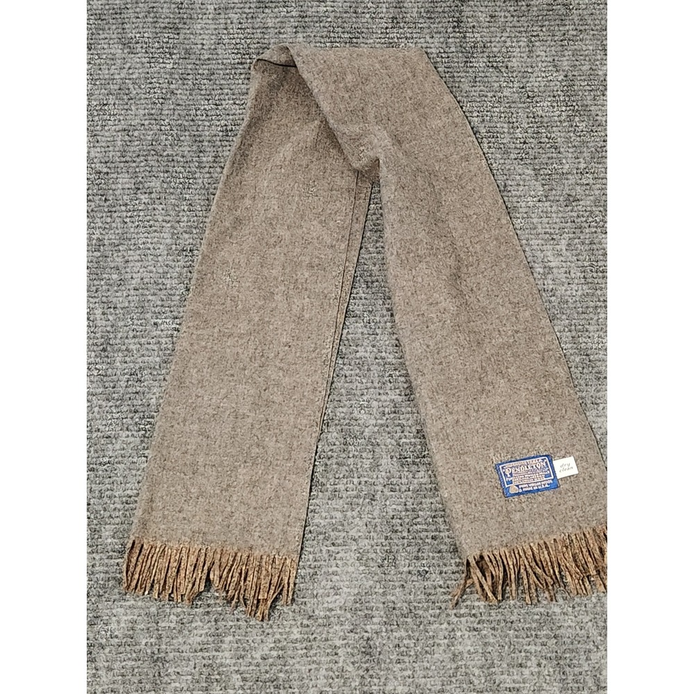 Pendleton 100% Virgin Wool Scarf Tan Brown Heather Fringed Made in USA Vintage